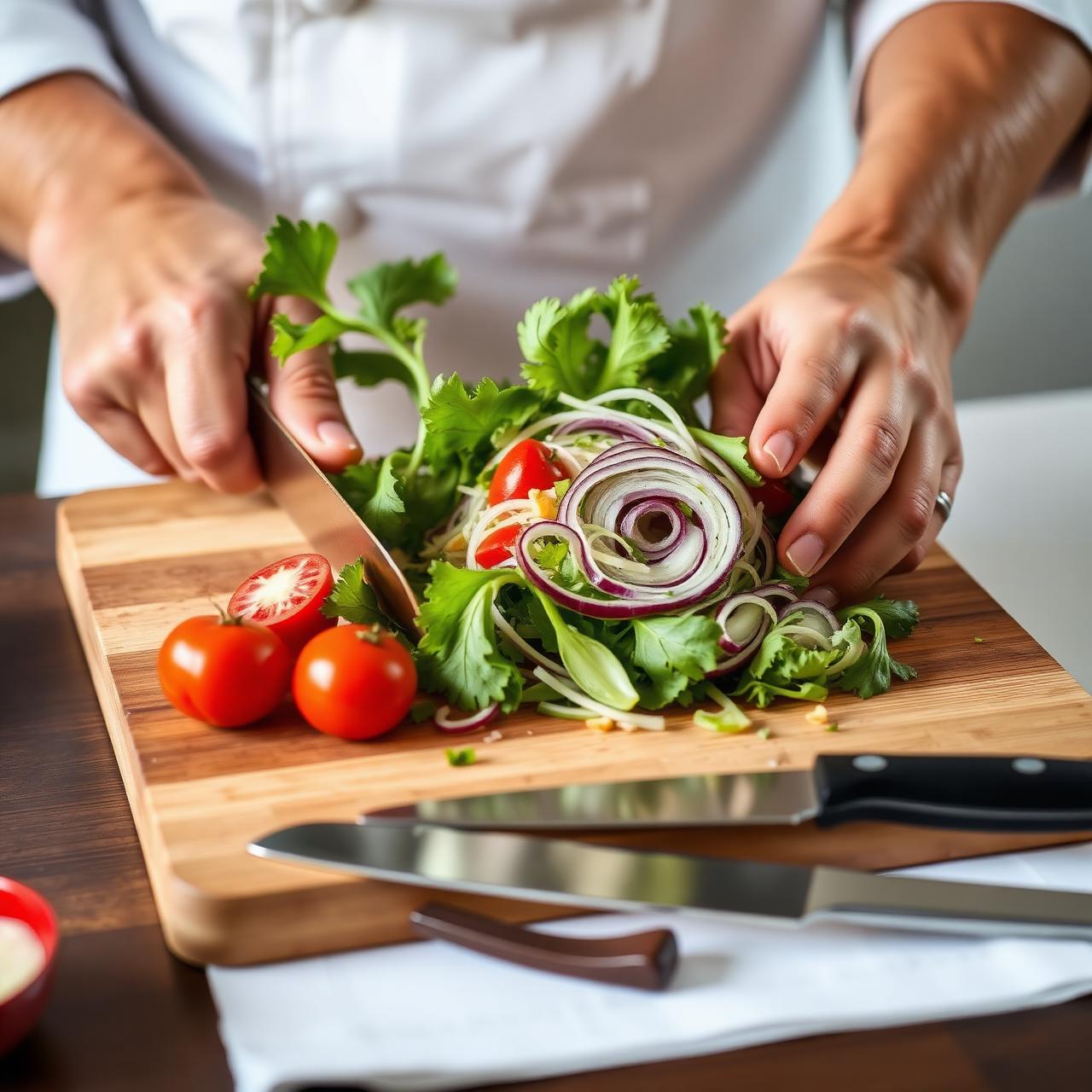 Kock skär färska grönsaker till en sallad